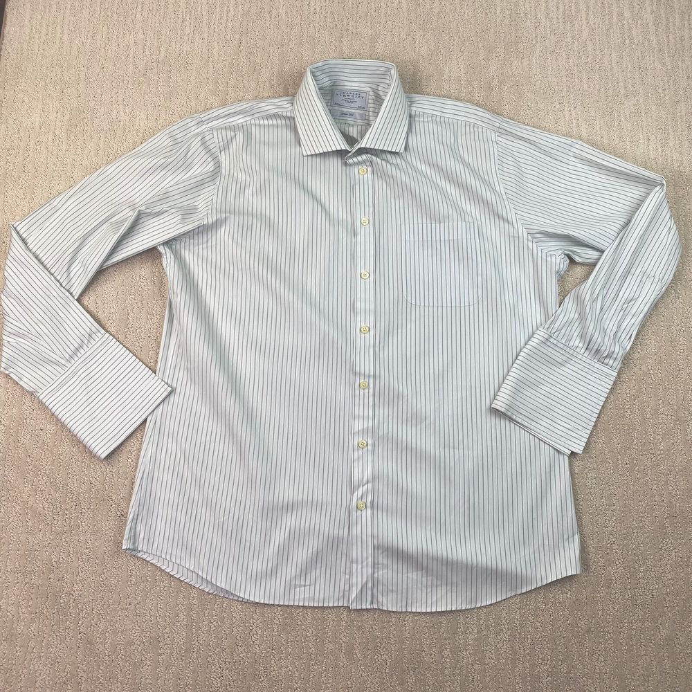 charles tyrwhitt button down shirt Mens White Green Stripe Long Sleeve Sz‎ 18/37